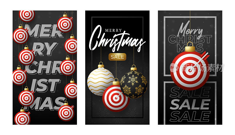 圣诞节Target Dash销售卡。圣诞快乐体育贺卡集。挂在一个线目标冲刺作为一个圣诞球和小玩意在水平背景。运动矢量插图。